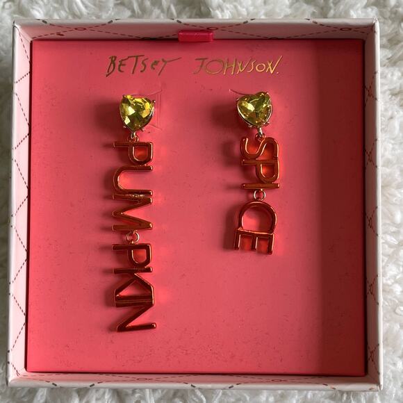 Betsey Johnson It’s Fall Y’All Pumpkin Spice Mismatch Drop Earrings NEW in Box - Picture 1 of 7